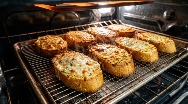 Cheesy garlic bread bubbling under the broiler in a modern oven Cheesy garlic bread bubbling under the broiler in a modern oven
