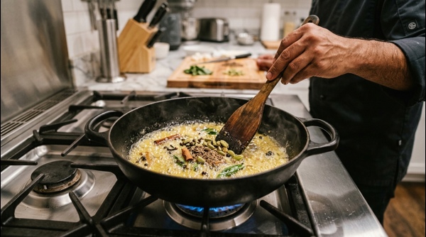 A steaming plate of fluffy ghee rice topped with golden cashews and raisins