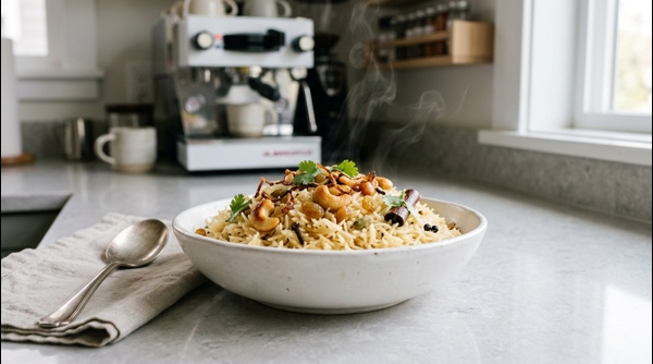 Aromatic South Indian style Ghee Rice served in a white ceramic bowl garnished with cashews