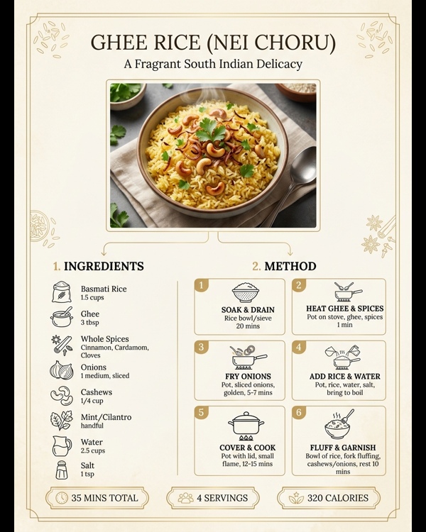 Aromatic South Indian style Ghee Rice served in a white ceramic bowl garnished with cashews