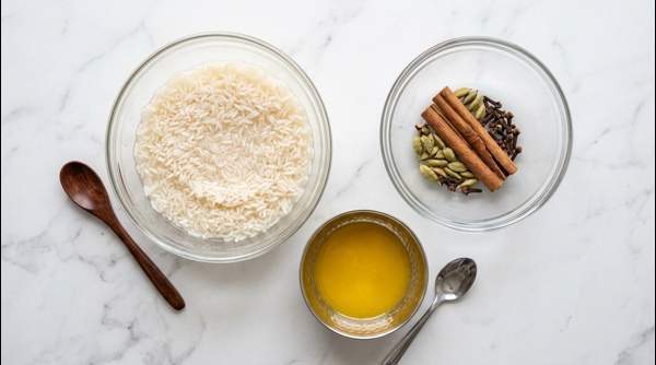Washed basmati rice soaking in a clear glass bowl in a modern kitchen