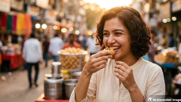 A platter of crispy pani puri shells with spicy mint water and potato filling