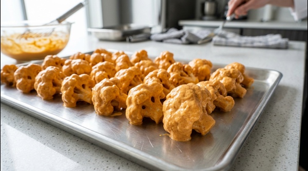 Cauliflower florets coated in thick batter ready for deep frying Cauliflower florets coated in thick batter ready for deep frying