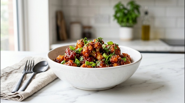Crispy Gobi Manchurian garnished with fresh spring onions in a white bowl Crispy Gobi Manchurian garnished with fresh spring onions in a white bowl