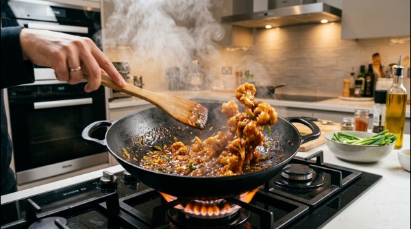 Tossing crispy cauliflower in spicy Manchurian sauce in a black wok Tossing crispy cauliflower in spicy Manchurian sauce in a black wok