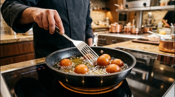 Deep frying the gulab jamun balls in a modern pan until golden brown