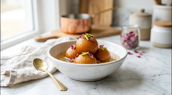 Soft and juicy homemade gulab jamun served in a white bowl with rose petals