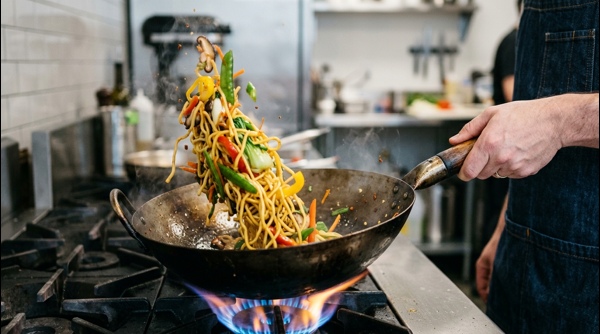 Freshly tossed Hakka noodles garnished with spring onions in a modern bowl