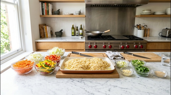 Cooked noodles spread on a tray and julienned vegetables ready for the wok