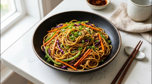 A steaming bowl of veg Hakka noodles with colorful vegetables and spring onions