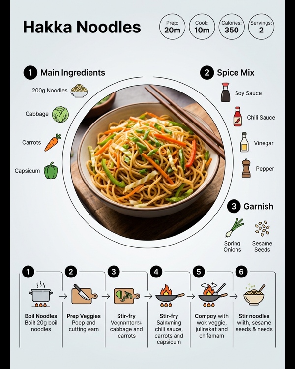 A steaming bowl of veg Hakka noodles with colorful vegetables and spring onions