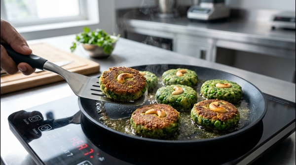 Finished Hara Bhara Kababs served on a modern plate with mint chutney