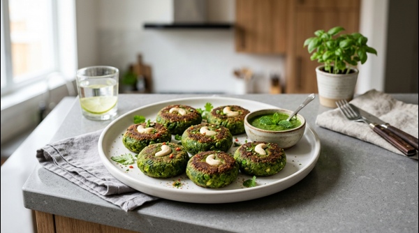 A platter of golden-brown Hara Bhara Kababs garnished with cashew nuts and fresh mint leaves