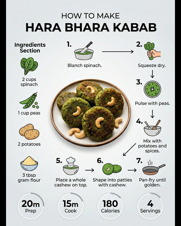 A platter of golden-brown Hara Bhara Kababs garnished with cashew nuts and fresh mint leaves