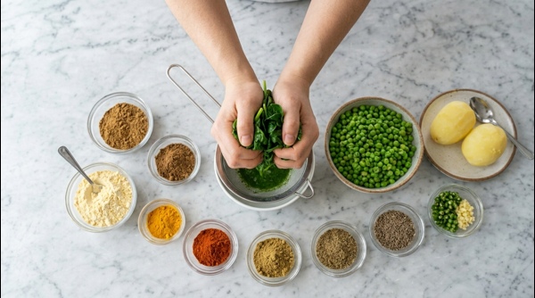 Squeezing moisture from blanched spinach and mashing green peas on a marble counter
