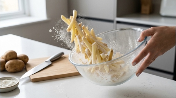 Potato strips being coated with cornflour and rice flour in a large bowl