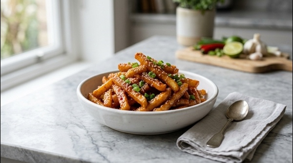Delicious crispy Honey Chilli Potato garnished with sesame seeds and spring onions