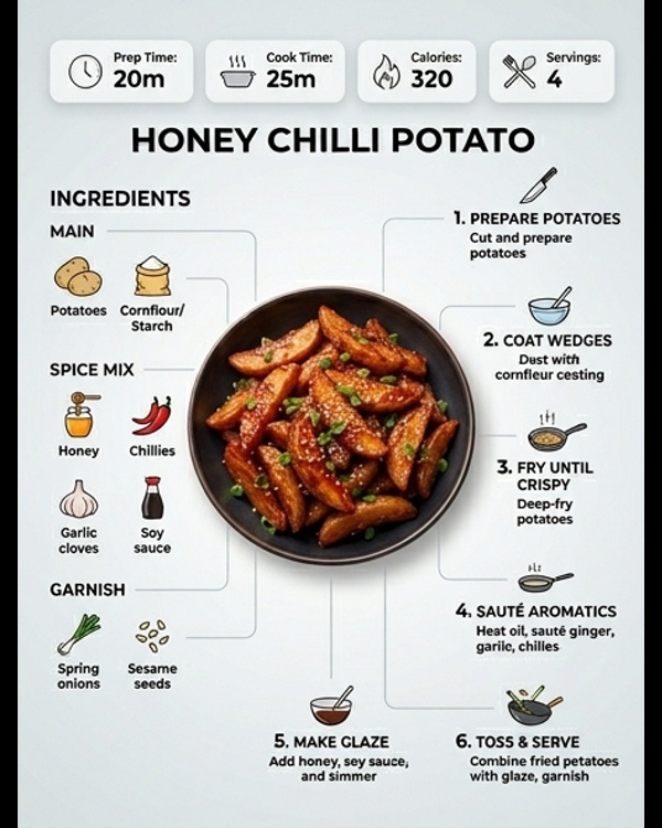 Delicious crispy Honey Chilli Potato garnished with sesame seeds and spring onions