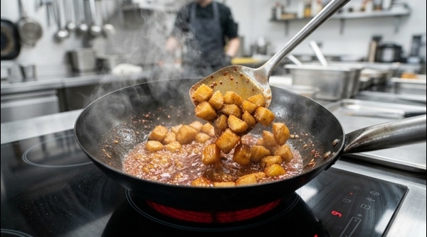 Crispy fried potatoes being tossed in a thick honey chilli sauce in a wok
