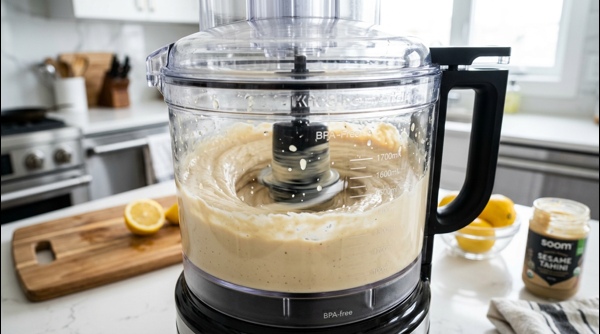 Perfectly smooth hummus being swirled in a bowl with a spoon