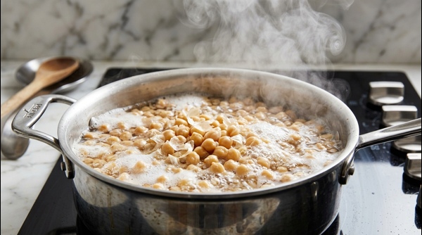 Boiling chickpeas in a modern stainless steel pot on a kitchen stove