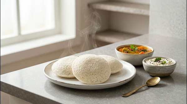 A large bowl of fluffy fermented idli batter on a modern marble countertop A large bowl of fluffy fermented idli batter on a modern marble countertop