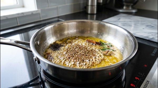A professional plate of Jeera Rice with a sprig of cilantro and a side of dal