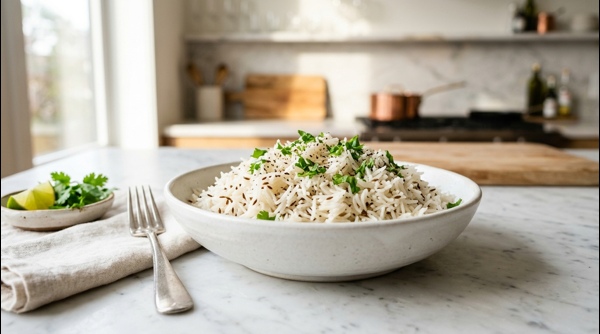 A steaming bowl of fluffy Jeera Rice garnished with fresh coriander on a modern marble countertop