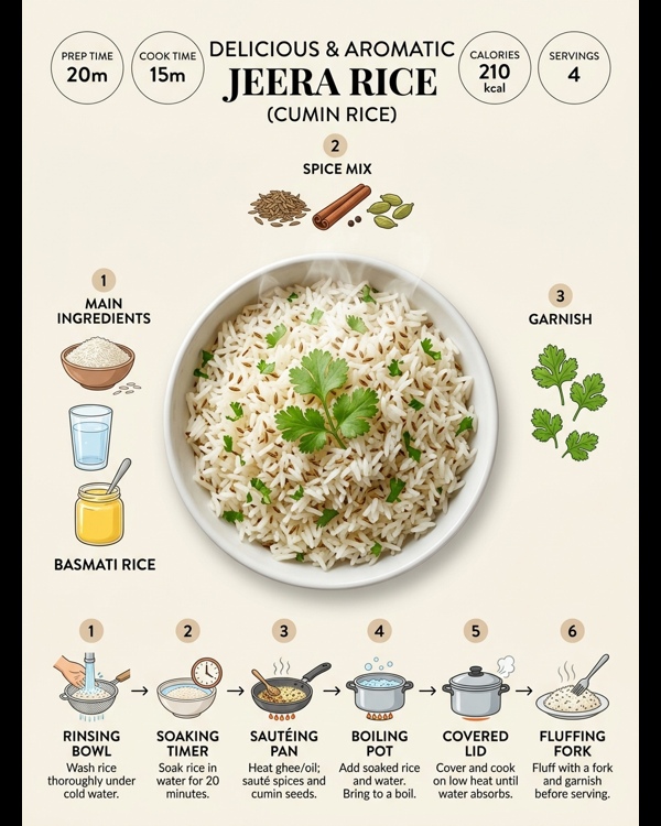 A steaming bowl of fluffy Jeera Rice garnished with fresh coriander on a modern marble countertop