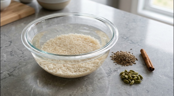 Close up of Basmati rice soaking in a clear glass bowl on a quartz surface