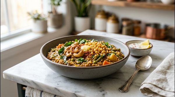 Authentic Karnataka style Bisi Bele Bath served in a traditional bowl with boondi Authentic Karnataka style Bisi Bele Bath served in a traditional bowl with boondi