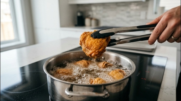 A platter of crispy fried chicken with sides on a modern quartz countertop