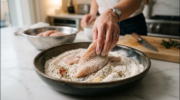 Chicken pieces being coated in a seasoned flour mixture in a modern kitchen
