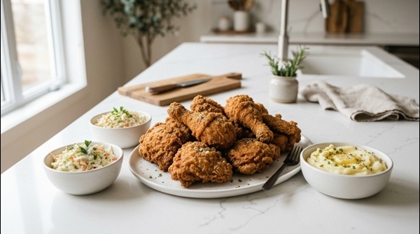 Crispy golden KFC style fried chicken served on a white platter in a modern kitchen
