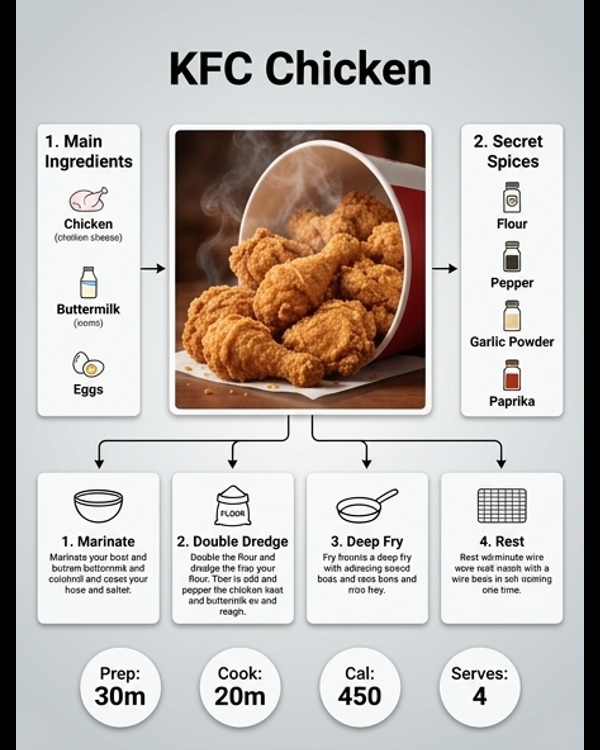 Crispy golden KFC style fried chicken served on a white platter in a modern kitchen