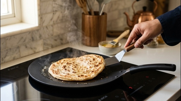 Flaky laccha paratha cooking on a modern black tawa with golden spots