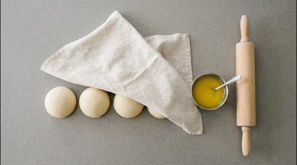 Smooth dough balls resting on a clean white marble countertop