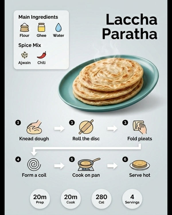 Restaurant style flaky laccha paratha served on a white plate with butter
