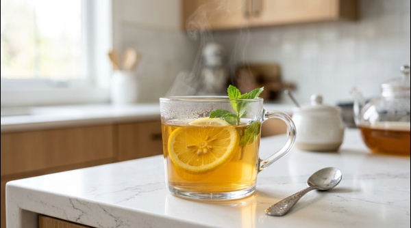 A steaming clear glass of lemon tea with a fresh lemon slice on a modern marble counter