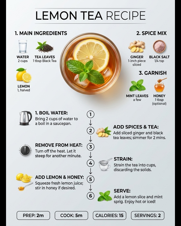 A steaming clear glass of lemon tea with a fresh lemon slice on a modern marble counter