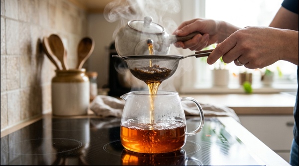 Pouring fresh lemon tea into a glass mug with mint leaves and lemon slices