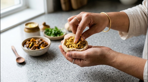 Mixing sattu filling with spices and mustard oil for litti