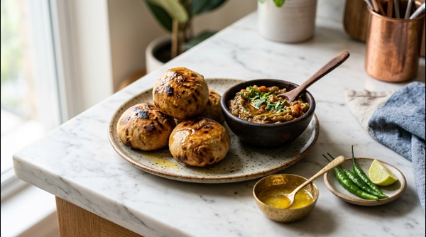 Traditional Bihar style Litti Chokha served with ghee and baingan chokha