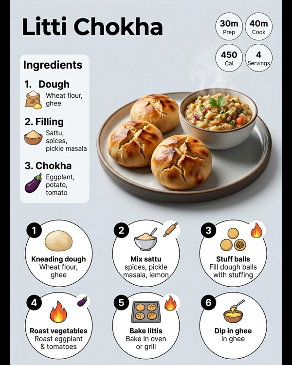 Traditional Bihar style Litti Chokha served with ghee and baingan chokha