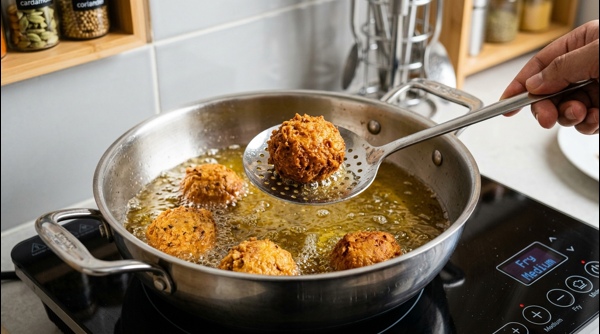 Finished Malai Kofta garnished with cream and cilantro on a modern plate