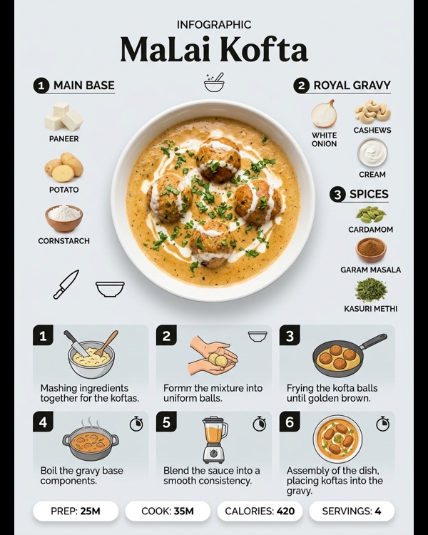 Restaurant style Malai Kofta served in a white bowl with cream swirl