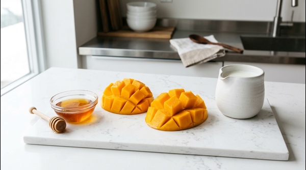Bright orange mango puree being blended in a modern glass blender