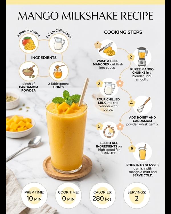Thick and creamy mango milkshake served in a tall glass with fresh mango chunks on top