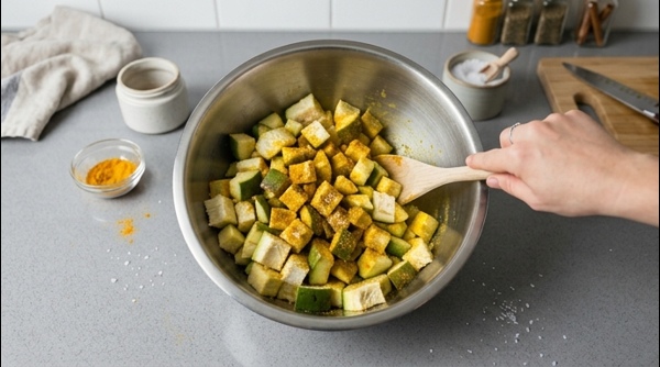 Diced raw mangoes coated in turmeric drying on a clean white cloth under sunlight