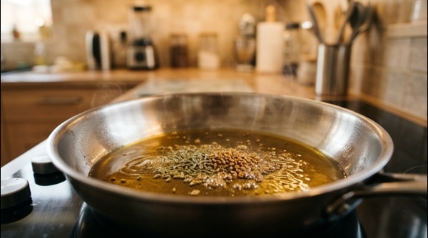 Close up shot of a glass jar filled with spicy mango pickle topped with oil